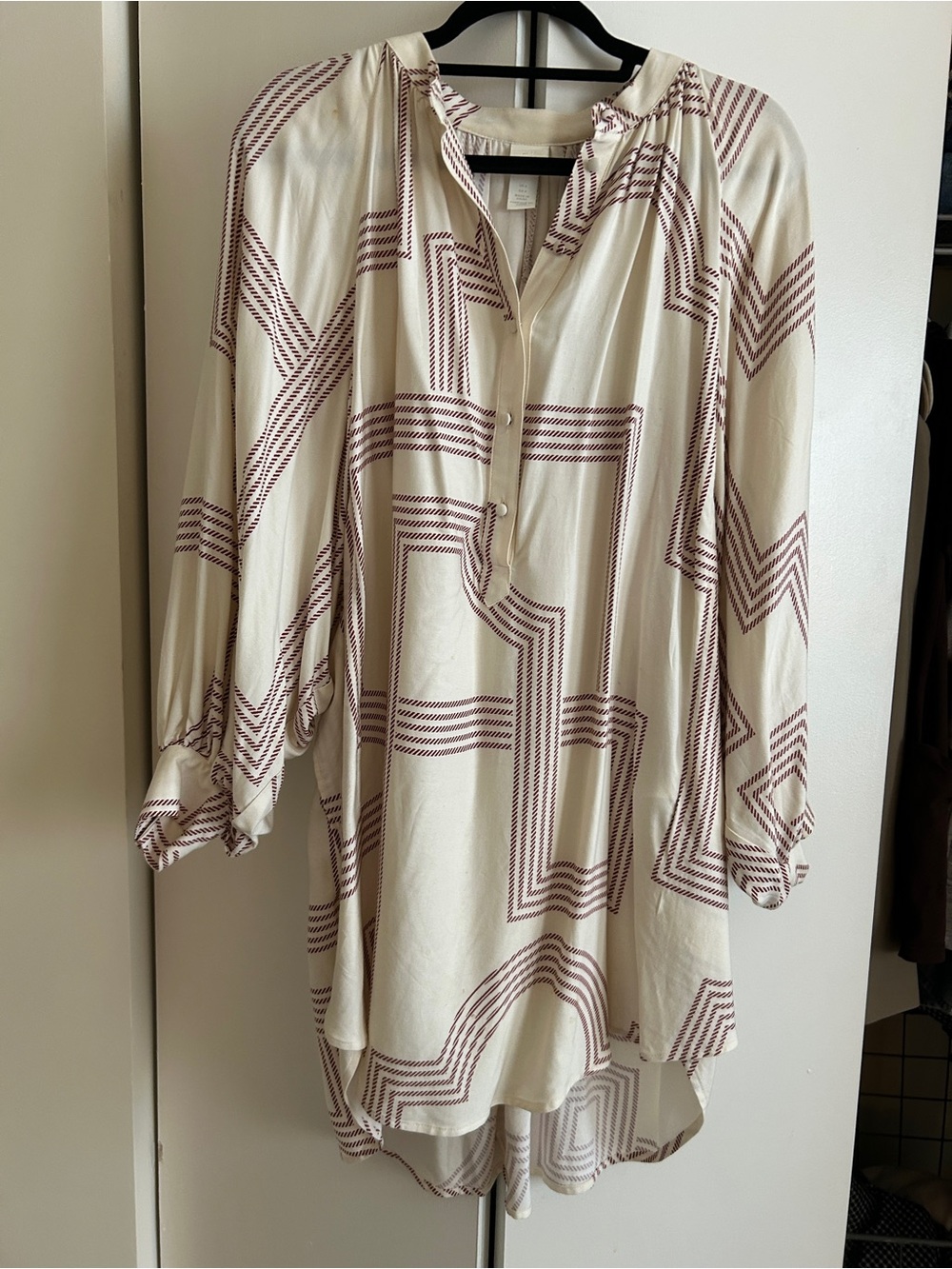 Cream Geometric Print Balloon Sleeve Dress